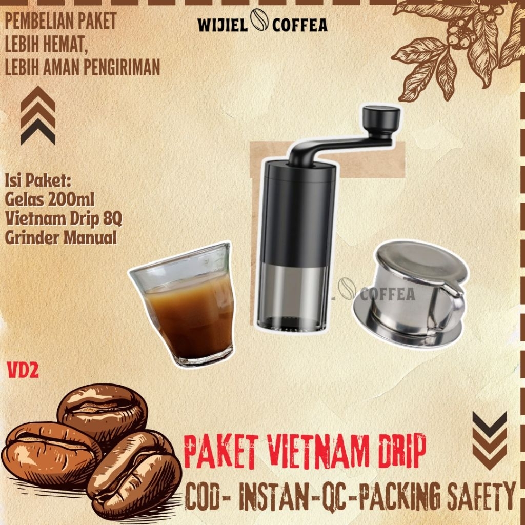 PAKET VIETNAM DRIP COFFEE STAINLESS + GRINDER MANUAL + GELAS VIETNAM DRIP 200ML + PAKET HEMAT ALAT K