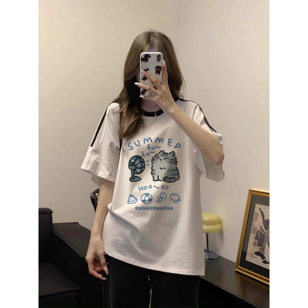 MONSEUR Kaos lengan pendek wanita Korea dengan motif kucing lucu/Atasan wanita kontras hitam dan put