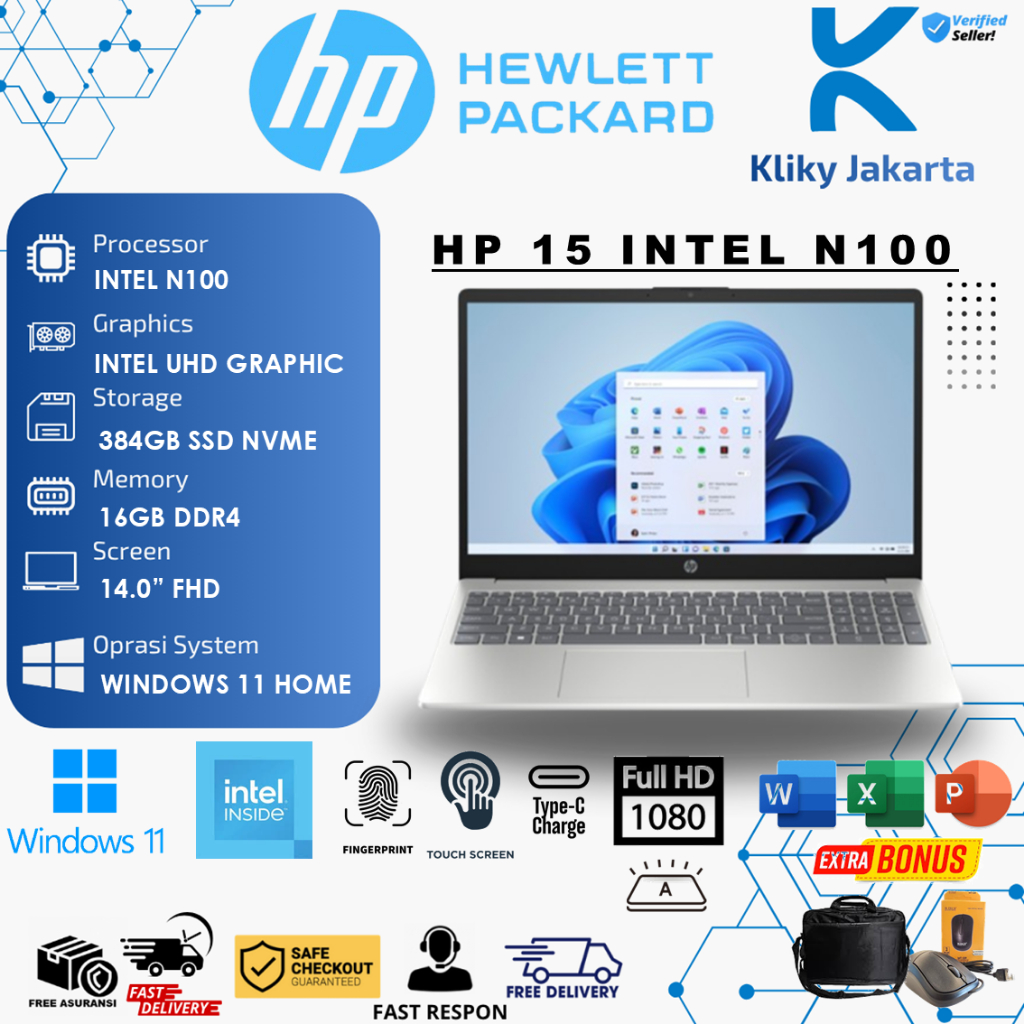 Laptop BARU HP 15 INTEL N100 16GB 384GB SSD 15.6 INC TOUCHSCREEN WINDOWS 11 HOME BLUE
