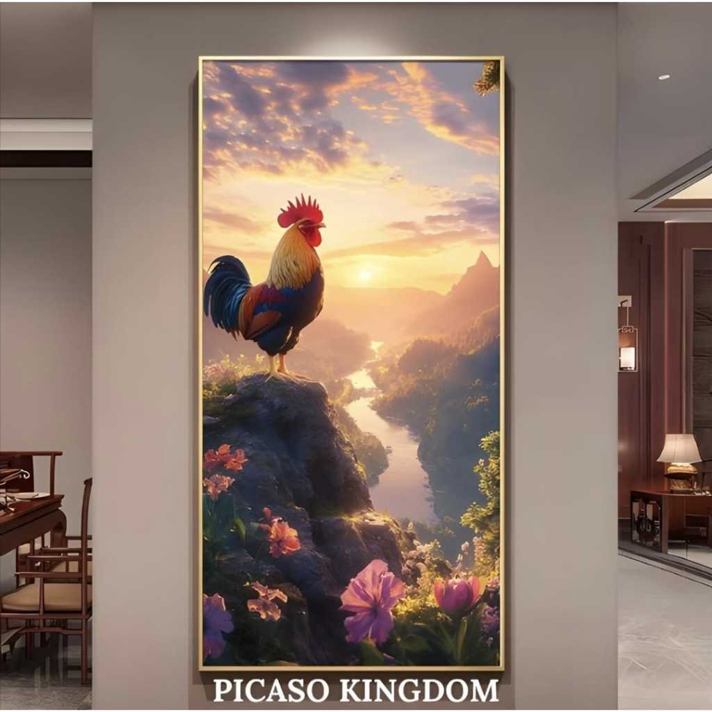 Lukisan Porcelain Diamond 5D Painting Hiasan Dinding Mewah - Ayam Jantan Mewah Hoki - Bingkai Alumin