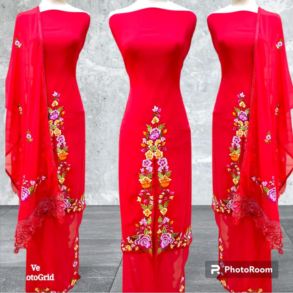 bahan baju kurung set selendang bordir padang