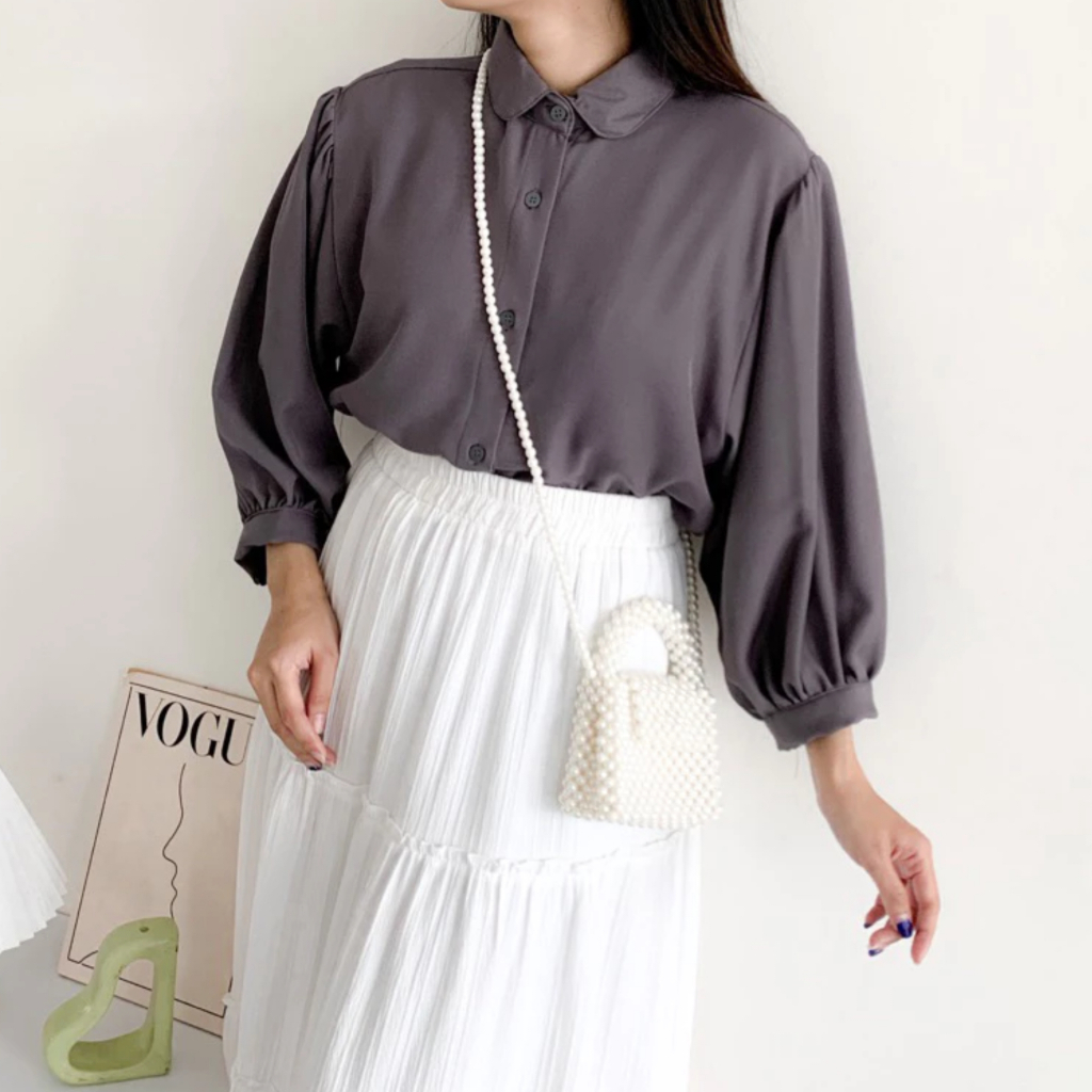 Blouse Kemeja Wanita Polos Lengan Panjang Bahan Shakila Twill Elze Puffy Korean Style