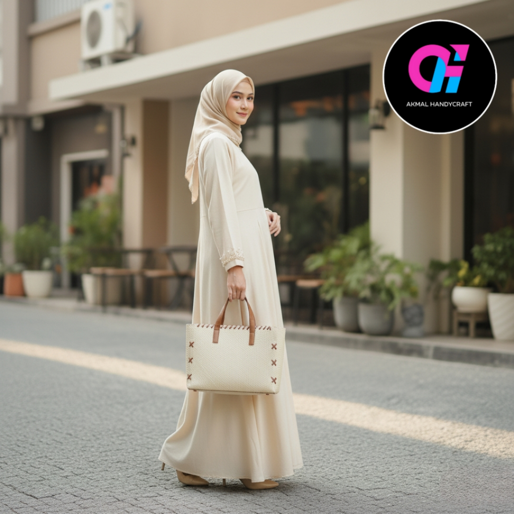 Akmal Handycraft Tas Wanita Cewek Totebag Anyaman Pandan Kombinasi Kulit Sintesis Ukuran Jumbo Putih
