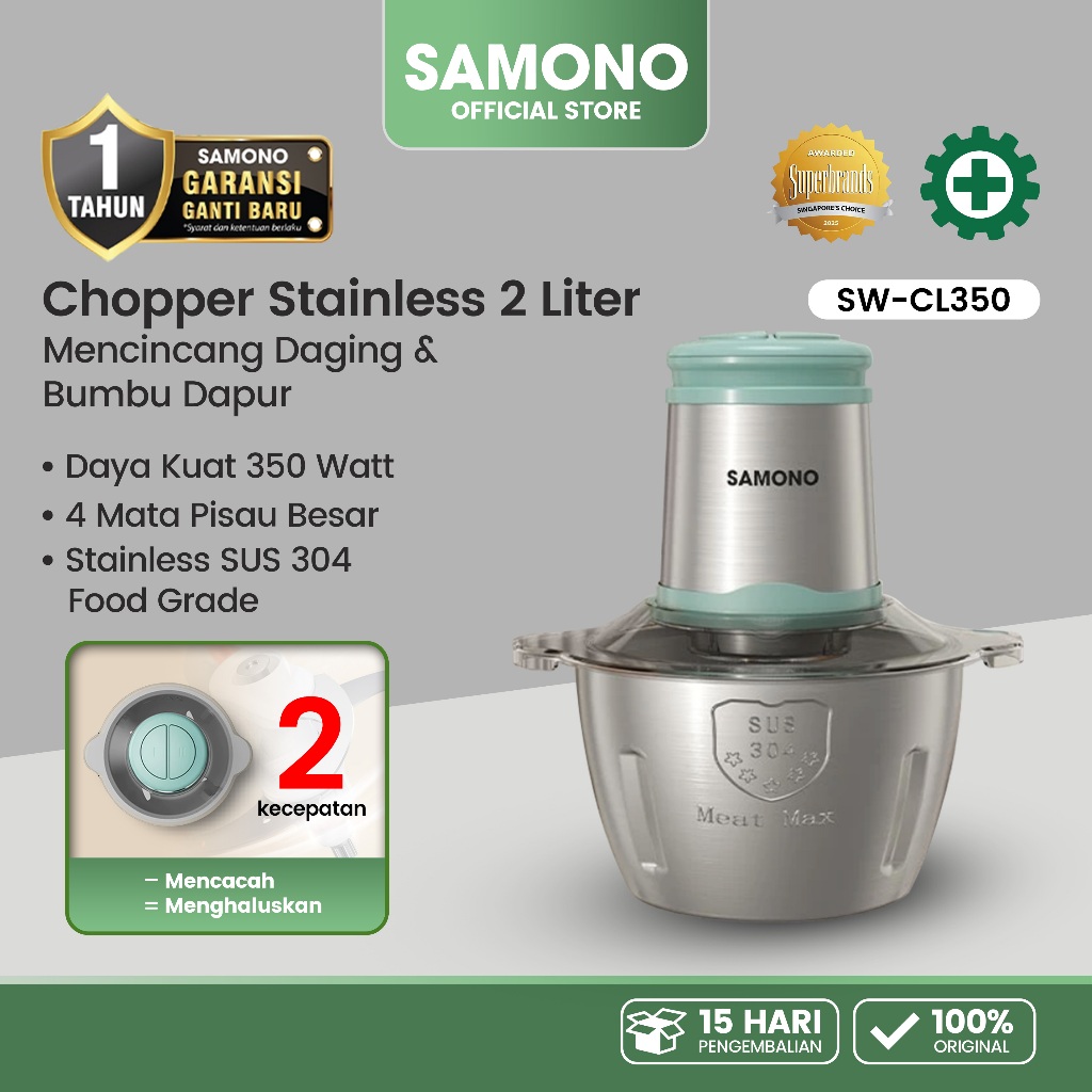 SAMONO Chopper Daging Stainless Hemat Daya 4 Mata Pisau 2Liter Food Grade Garansi 1 Tahun SW-CL350