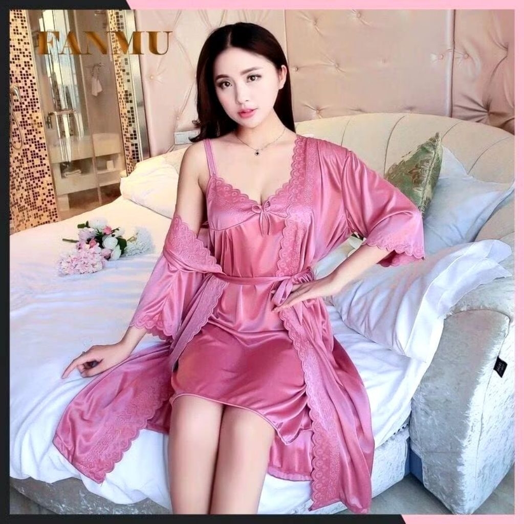 Baju Tidur Model Kimono Bahan Satin 2in 1 Import