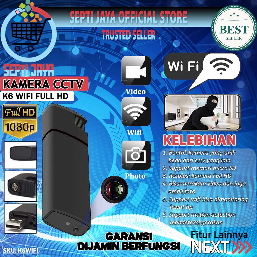 K6WIFI Kamera Mini Mata Mata Bentuk Korek K6 WiFi HD 1080P Spy Camera Tersembunyi Perekam Video Foto