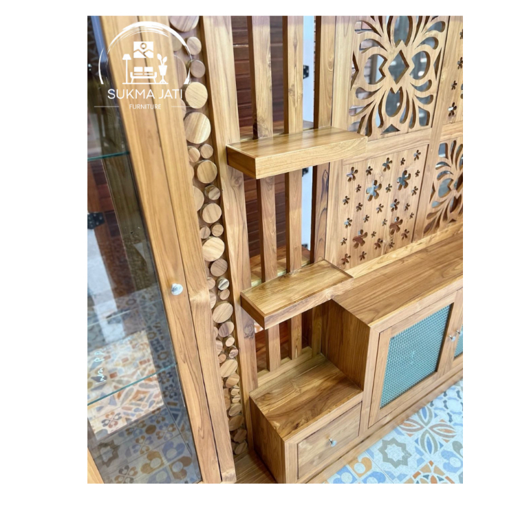 Partisi Ruangan Kayu Jati Minimalis Modern | Rak Sekat Ruangan Multifungsi