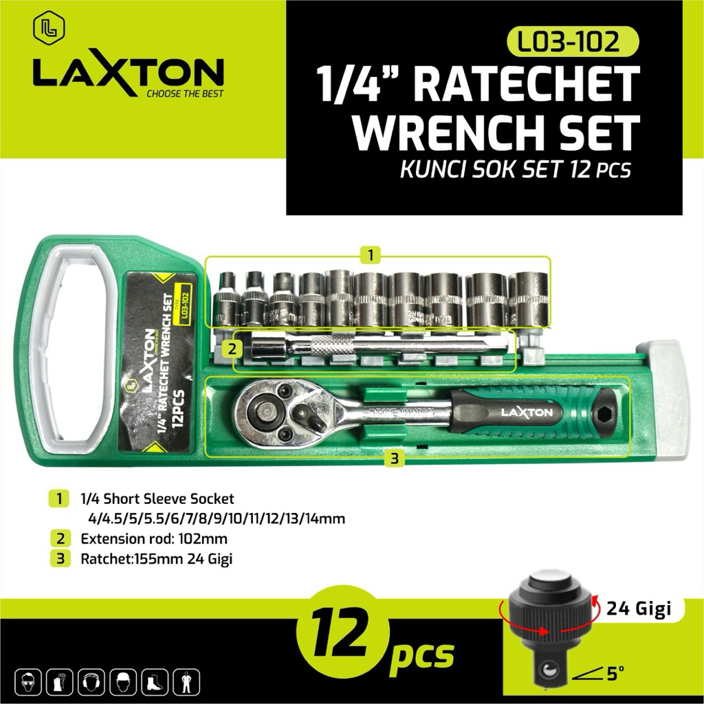 Kunci Sok Set Laxton 12 Pcs L03-102 | Kunci Ratchet 1/4 Inch 24 Gigi Premium