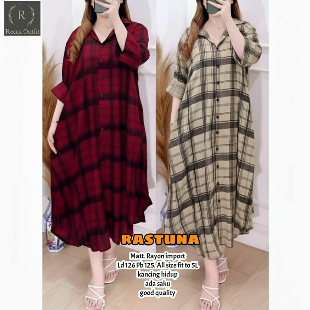 RASTUNA LONG TUNIK MIDI MOTIF KOTAK/TUNIC RAYON IMPORT JUMBO LD 126 CM FIT XXXL/KEMEJA PANJANG KANCI