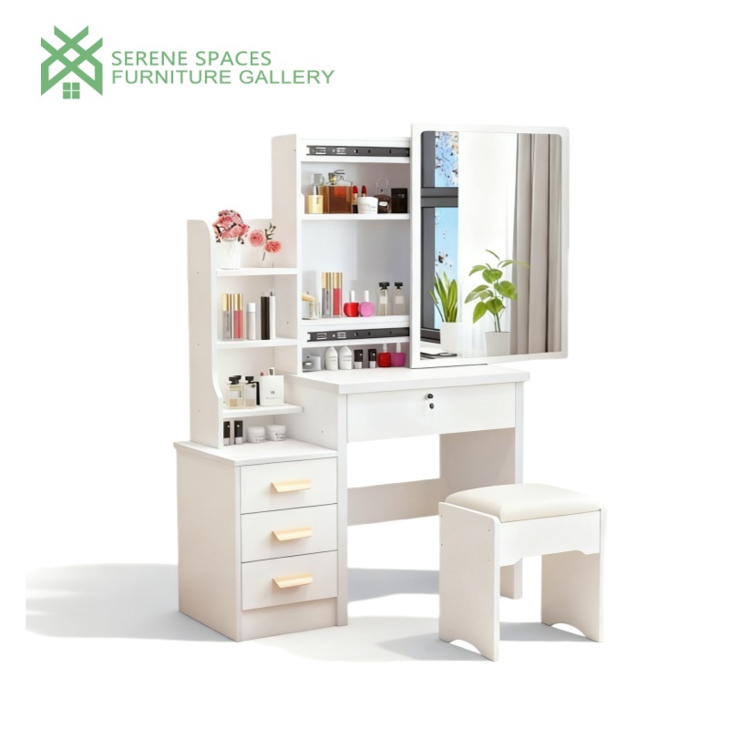 [Surabaya Express]Meja Rias Putih Dengan Led Dan Kaca Sliding Meja Rias Kecil Ruang Tidur Gaya Moder