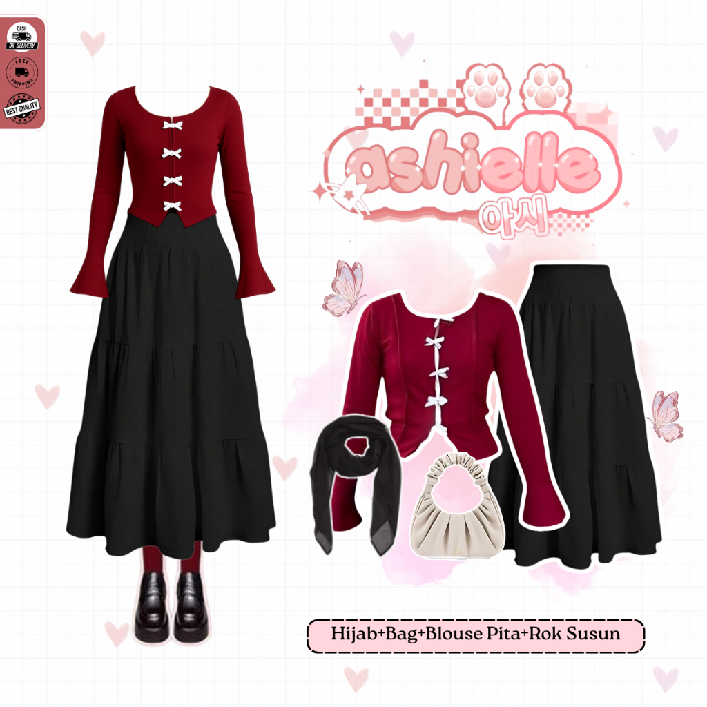 Cilla Outfit Mafia Yearbook Premium ( Bella Square Hitam + Bag + Blouse Pita +  Rok Susun ) - D19