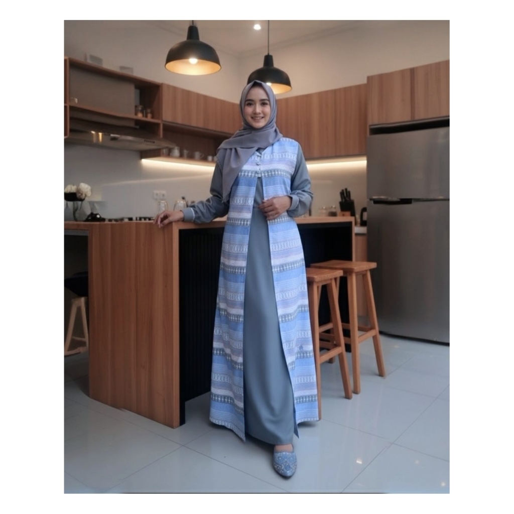 Qeela Butik - Aiza gamis katun motif etnik modern (gamis haji & umroh) abu² muda