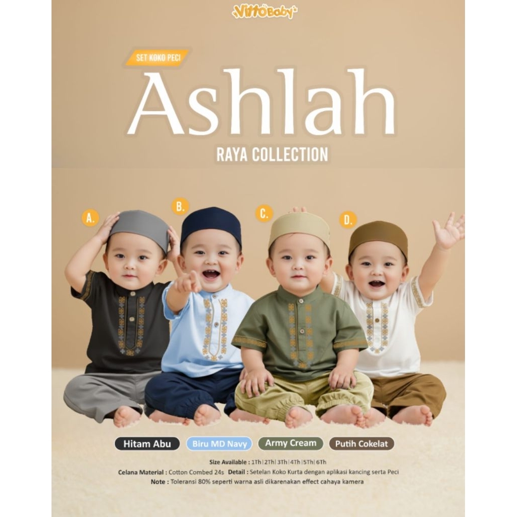 Po‼️ Vitto Baby Setelan Kaos Baju Muslim Anak Cowok Set Koko Peci Ashlah 1-6th Combed Adem /Terbatas
