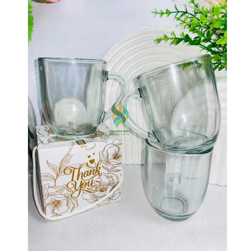Souvenir Gelas Minum Gagang Mug Oval Kecil Cangkir Kopi Tumbler Mug Kaca Bening Polos