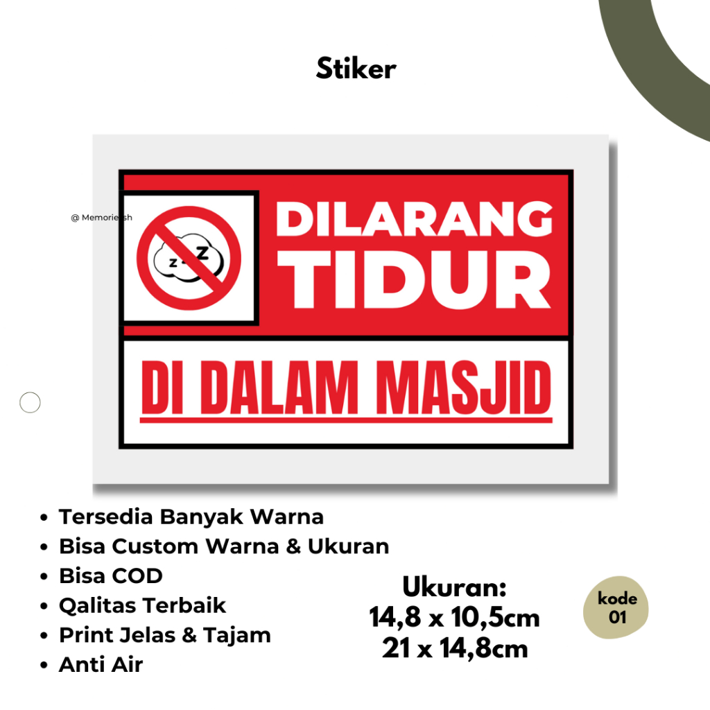 Stiker Anti Air Stiker Dilarang Tidur Didalam Masjid Glossy Bagus Harga Murah