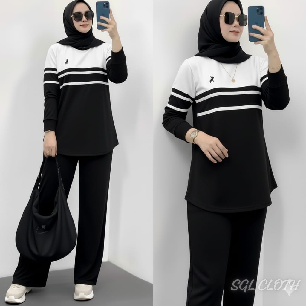 Setelan Hijab Sporty Wanita Kekinian – Tunik Hitam Putih Garis + Celana Panjang Muslimah Bahan Adem