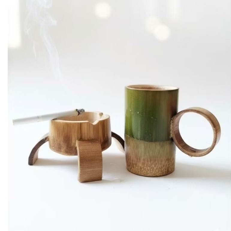 Paket gelas kopi dan asbak bambu Aestetik gelas bambu kerajinan bambu alami bambu buluh