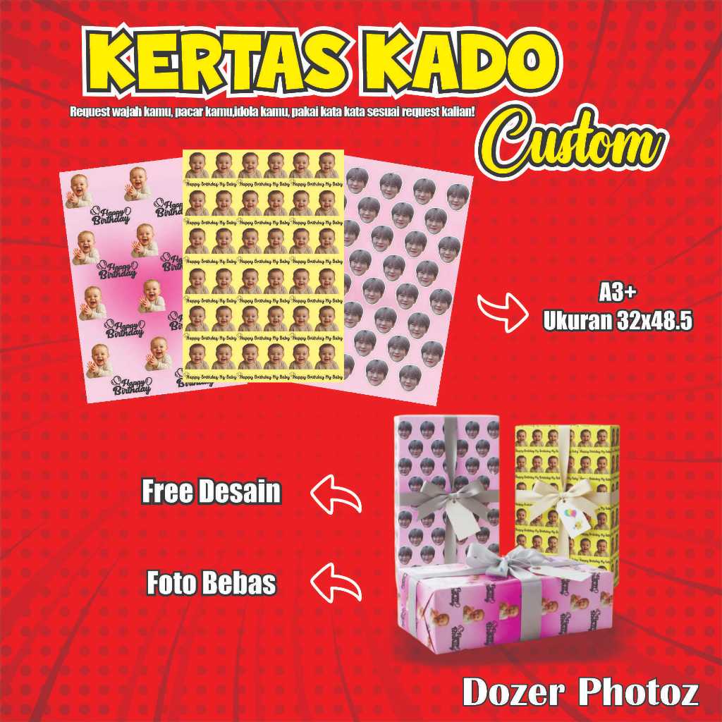 (ISI 5 LEMBAR) KERTAS KADO CUSTOM/CUSTOM FOTO KATA KATA SENDIRI