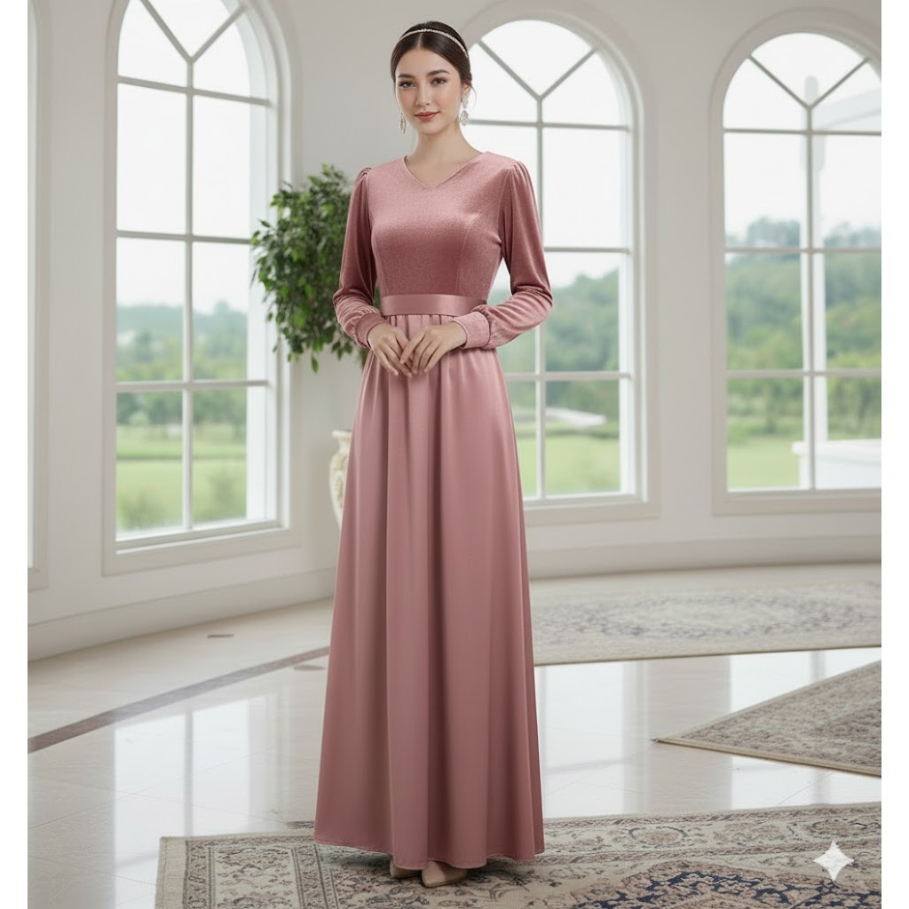 GAMIS VELVET/GAMIS BAHAN BELUDRU PREMIUM TANGAN KOMBINASI SATIN