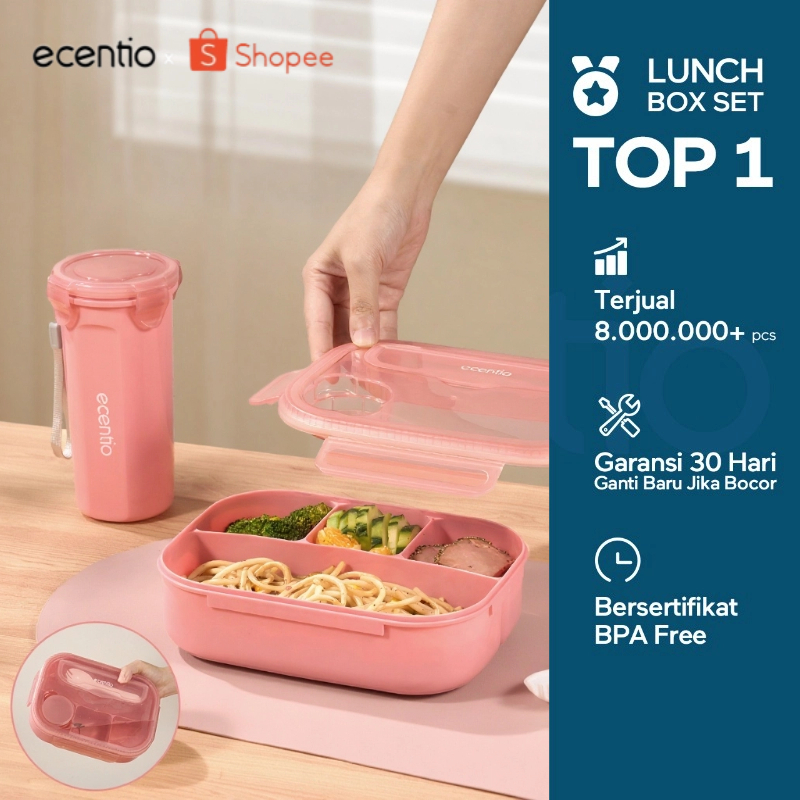 [bekal makan set]ecentio 1200ml lunch box set 4 Grid anti bocor tempat bekal makan dan tempat minum 