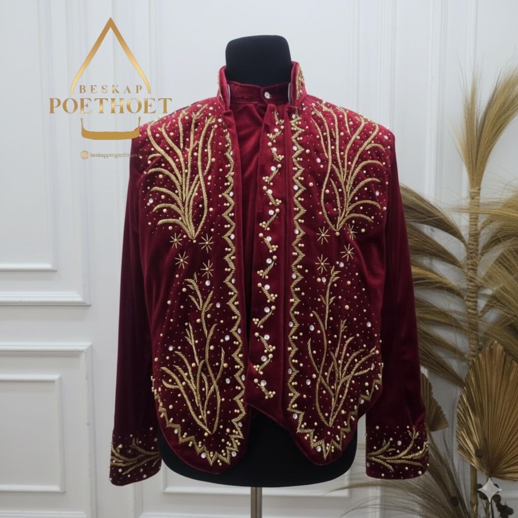 Beskap pengantin jawa beludru merah maroon payet emas gold
