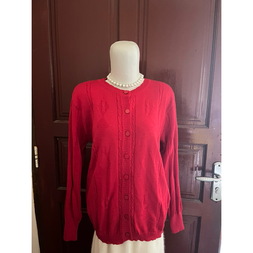cardigan oneck merah kepang cable premium size M branded (preloved)