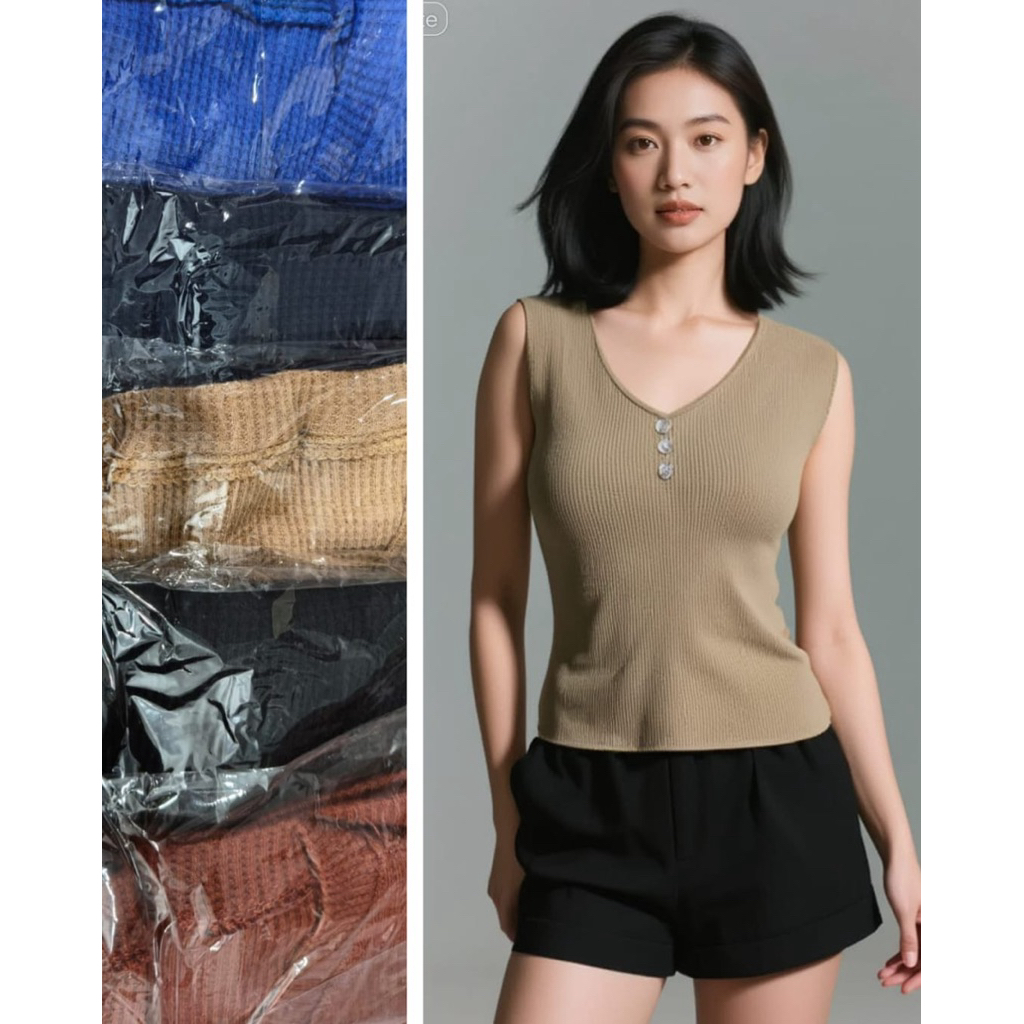 Tanktop Kancing Wanita Turtleneck Daleman Sleeveless