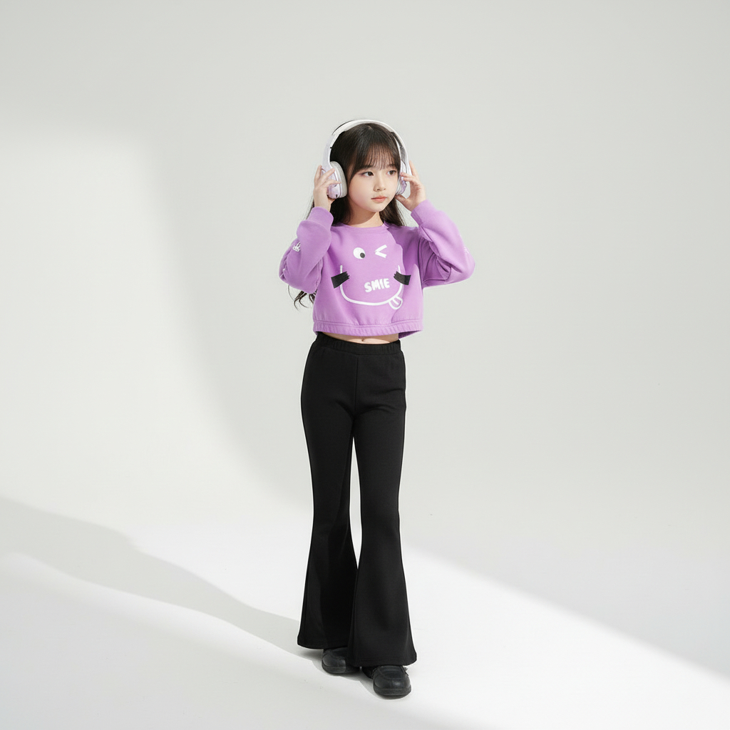 Setelan Crop Anak Perempuan Sweater Ungu Celana Cutbray OOTD Remaja Fashion Korea