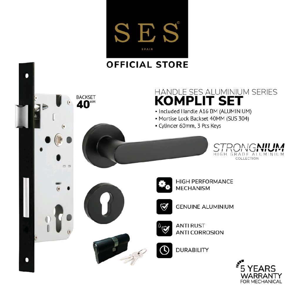 Gagang Pintu Set - Handle Pintu SES Aluminium A16 BM + Body Kunci SES ECO E2030 - 40mm BM