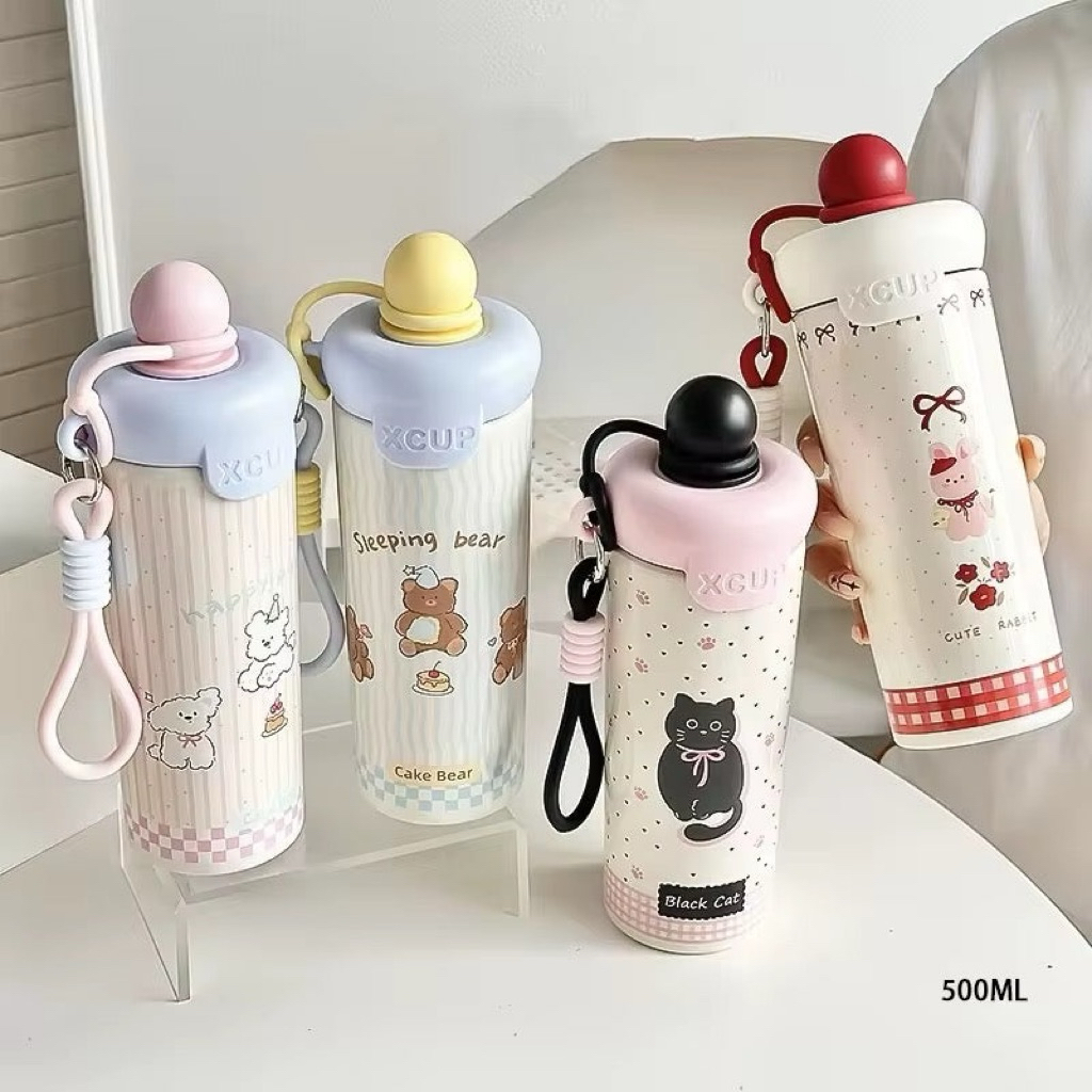 Botol Minum Karakter Lucu 500ml dengan Tali Silikon – Cute Tumbler Bear, Rabbit, Cat Desain Aestheti