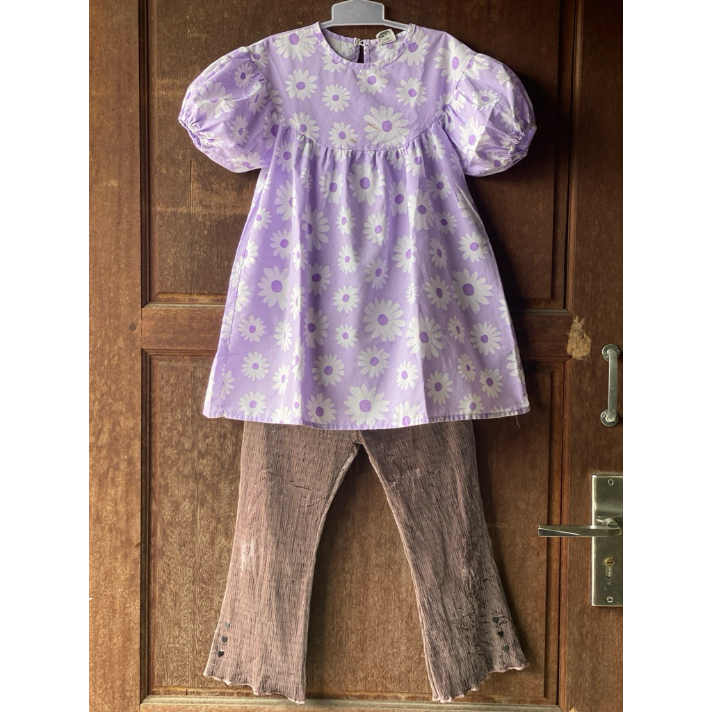 blouse lilac daisy lengan balon set celana cutbray cb velvet anak size 120 5T 6T 7T