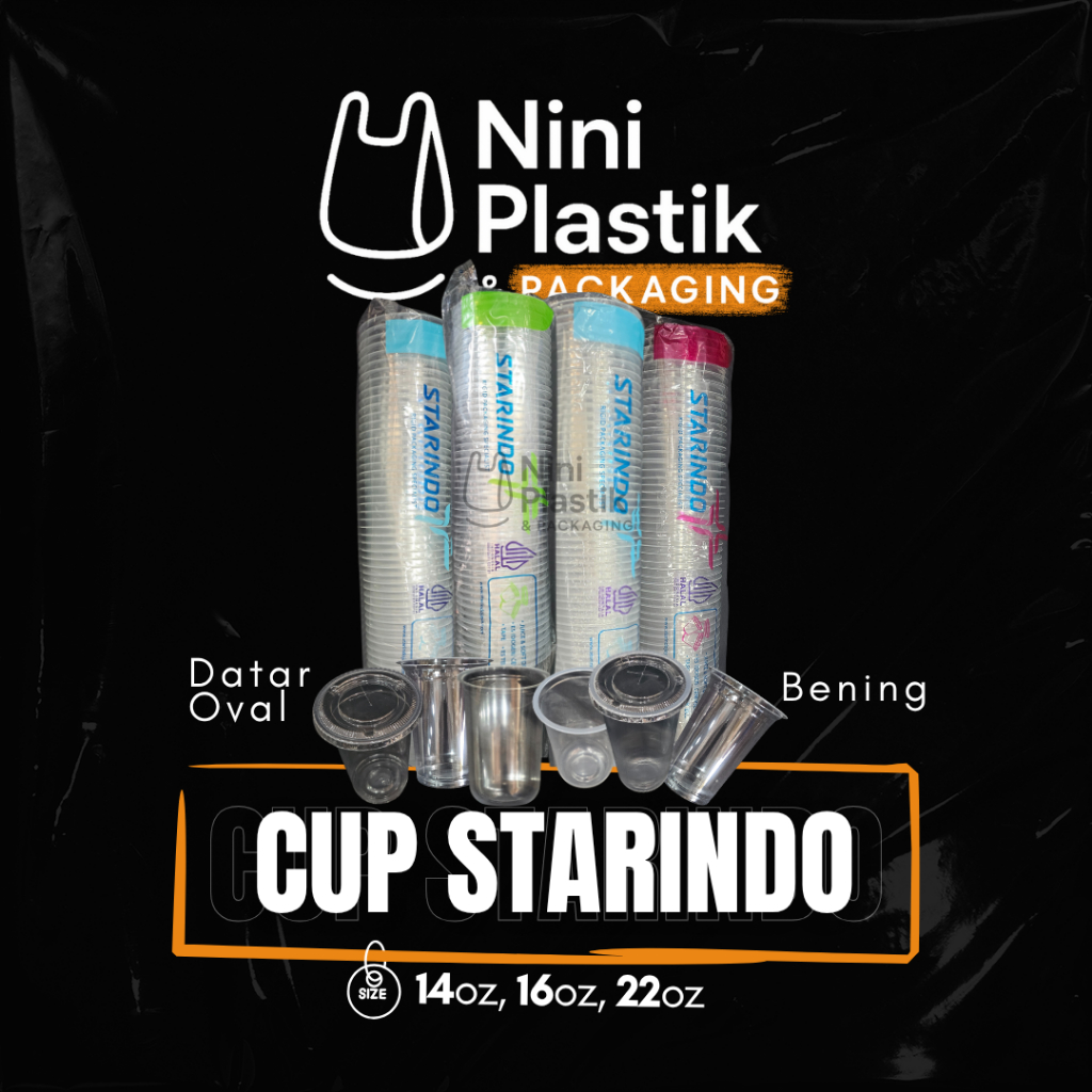 Cup Plastik Starindo Bening 14oz 16oz 22oz + Tutup Datar/Cembung – Isi 50pcs