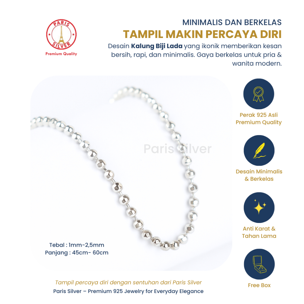 Kalung Perak Asli 925 Model Biji Lada Silver Pria Wanita Anti Karat Tidak Gatal