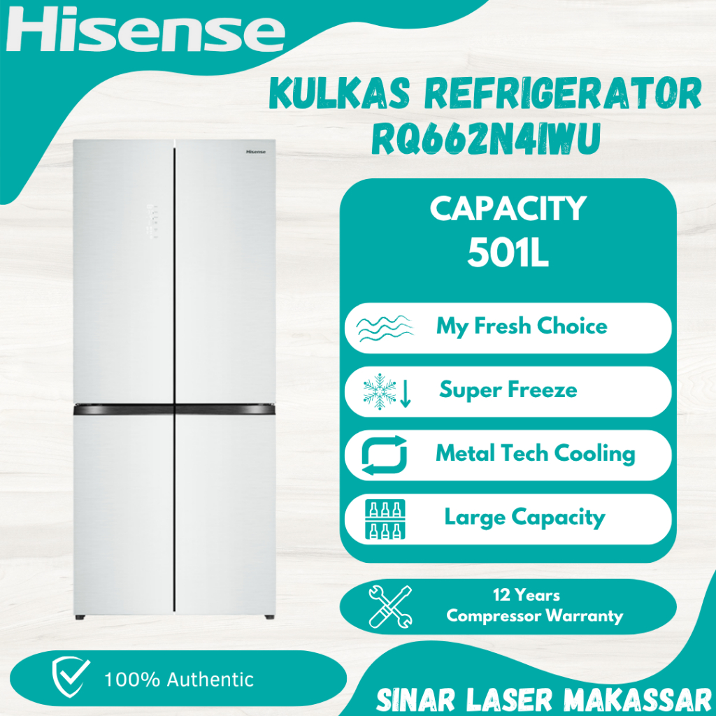 HISENSE REFRIGERATOR HISENSE RQ662N4IWU KULKAS 4 PINTU 501 LITER INVERTER GARANSI RESMI