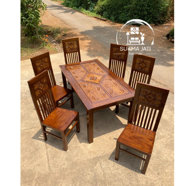 1 SET MEJA MAKAN JATI 6 KURSI KACA TEBAL 5ML TANPA JOX KURSI