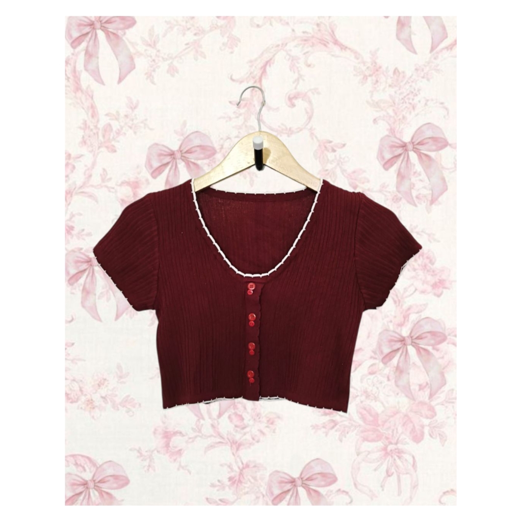 Crop Top Knit Maroon Coquette Kawai Cute Baby Doll