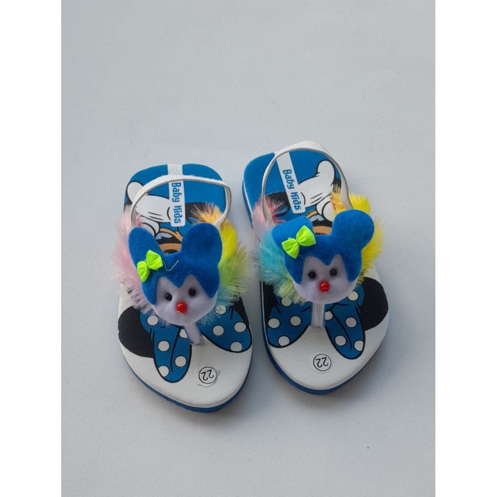 sandal baby anak perempuan sandal jepit bulu halus motif boneka mikey varian bulu pelangi terbaru