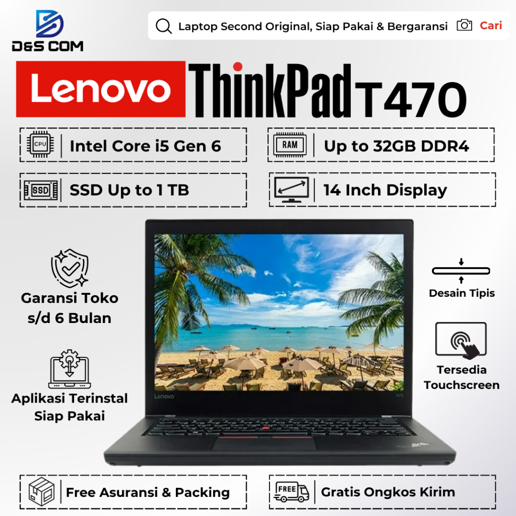 Lenovo Thinkpad T470s / T470 Core i7 / i5 Gen 7 8GB 512GB Touchscreen Laptop Second Bergaransi
