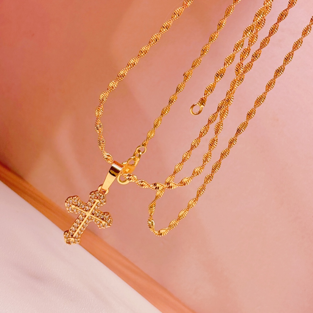 Kalung Salib Wanita Cantik Rantai Lilit Liontin Salib Permata Premium. Miss Jewellry