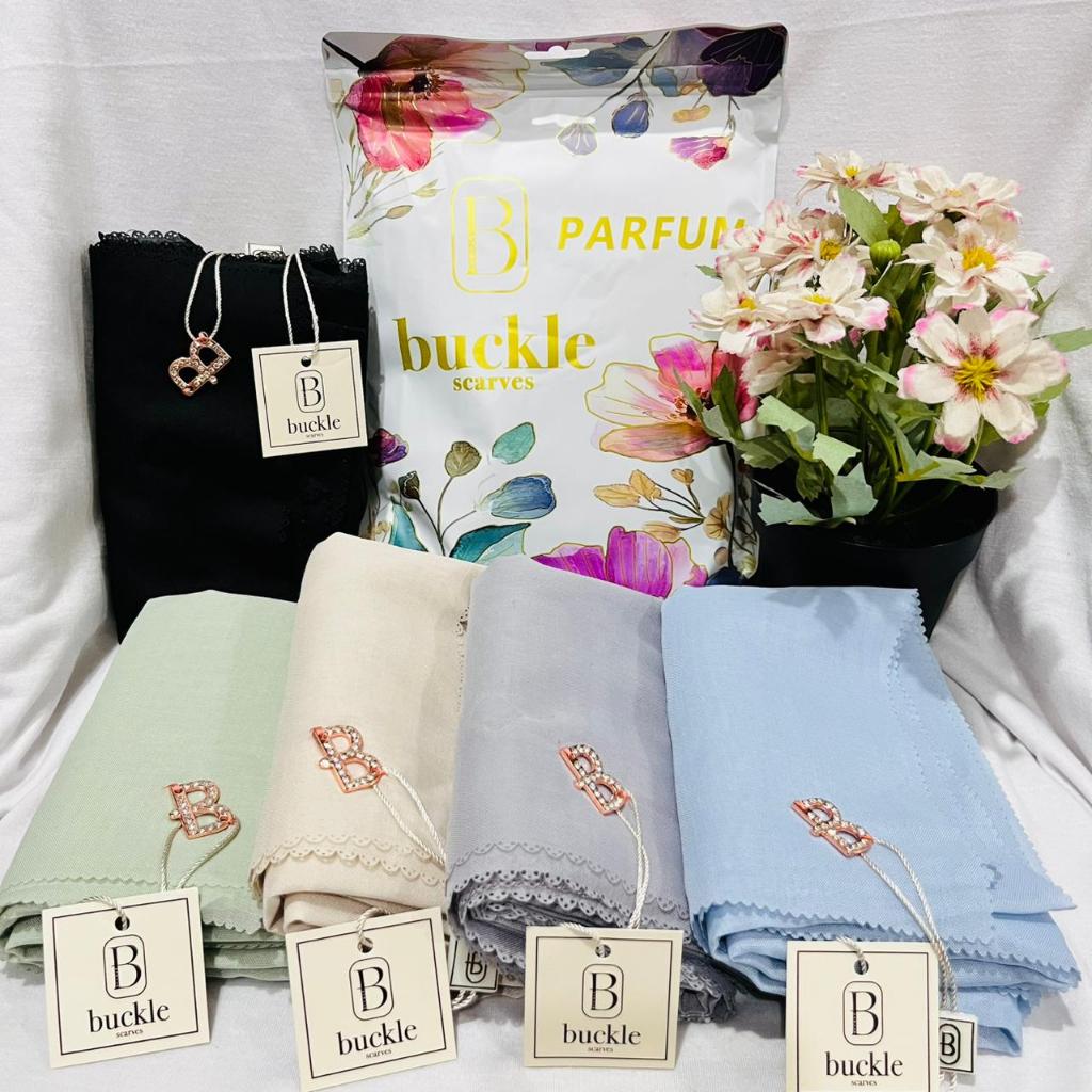 Hijab segi empat buckle scarves olive parfum ukuran 110 x 110cm ada Logo swarovski