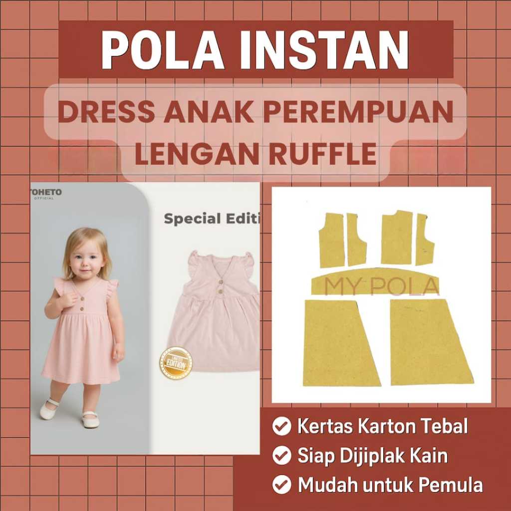 [ COD ] Pola Dress Anak Perempuan Lengan Ruffle | Pola Baju Anak Perempuan | Pola Instan...