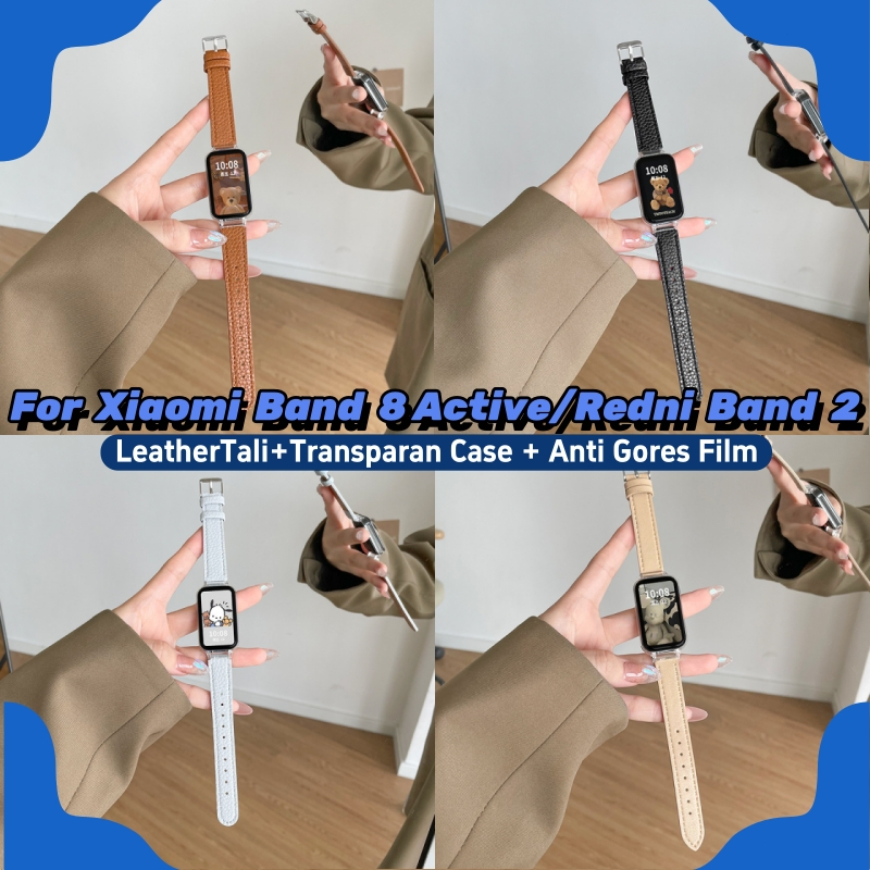 For Xiaomi Band 8 Active/Redmi Band 2 SET - Tali Kulit + Case Armor + Film Kaca, Pelindung 3in1