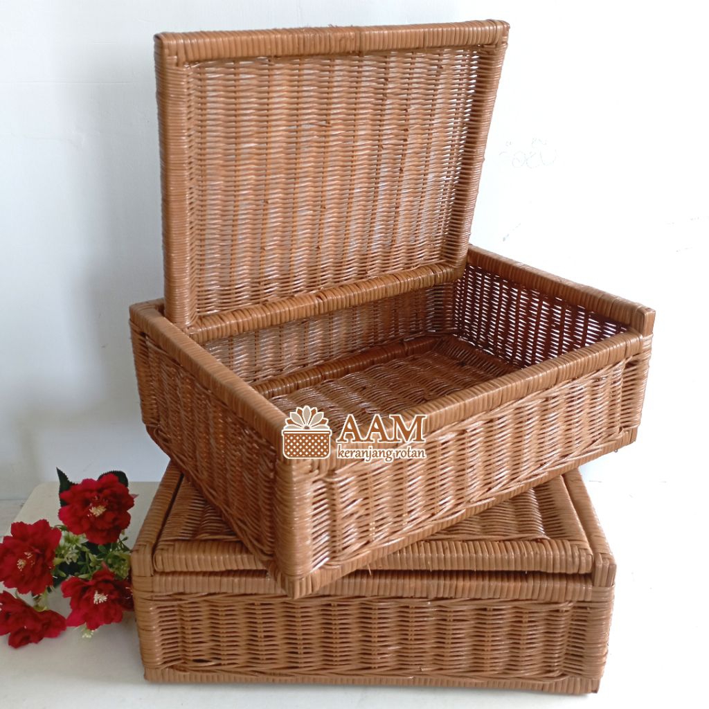 Keranjang Rotan Box Peti Tutup 40x30x14cm - Warna Coklat