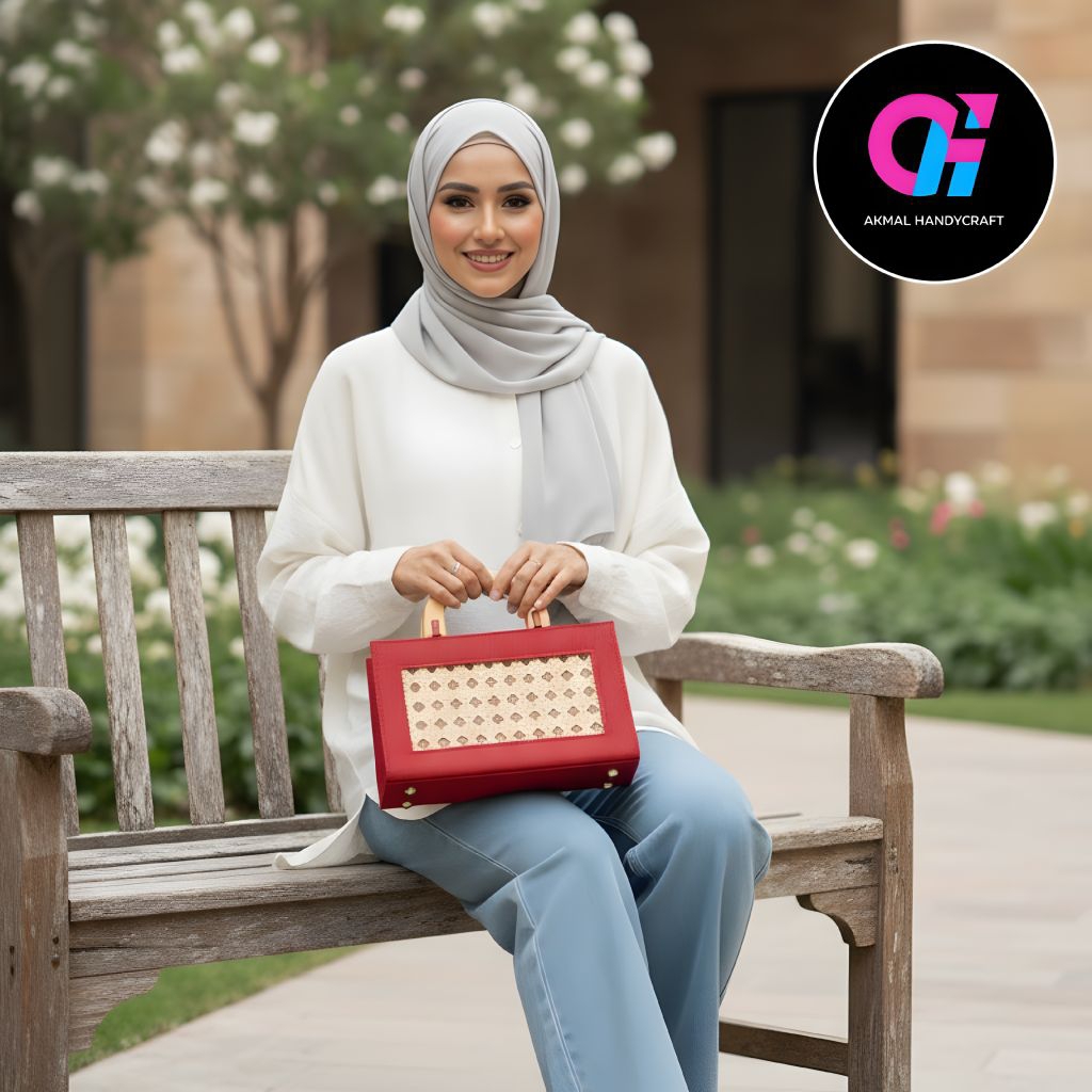 Akmal Handycraft Tas Wanita Keren Bahan Kain Goni Variasi Anyaman Bambu Dilapisi Mika Tangkai Kayu A