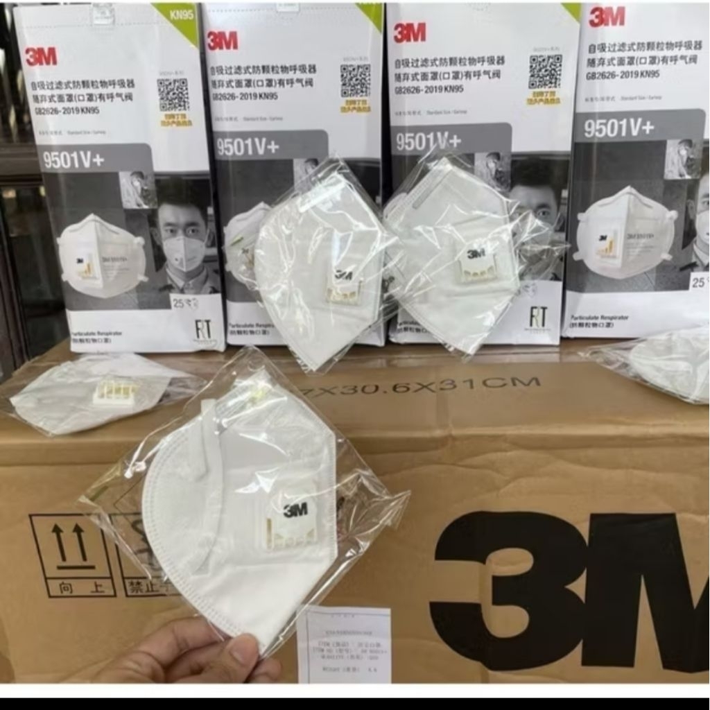 Masker type KN95 Merk 3M model 9501V+  warna Putih segel pabrik. Steril