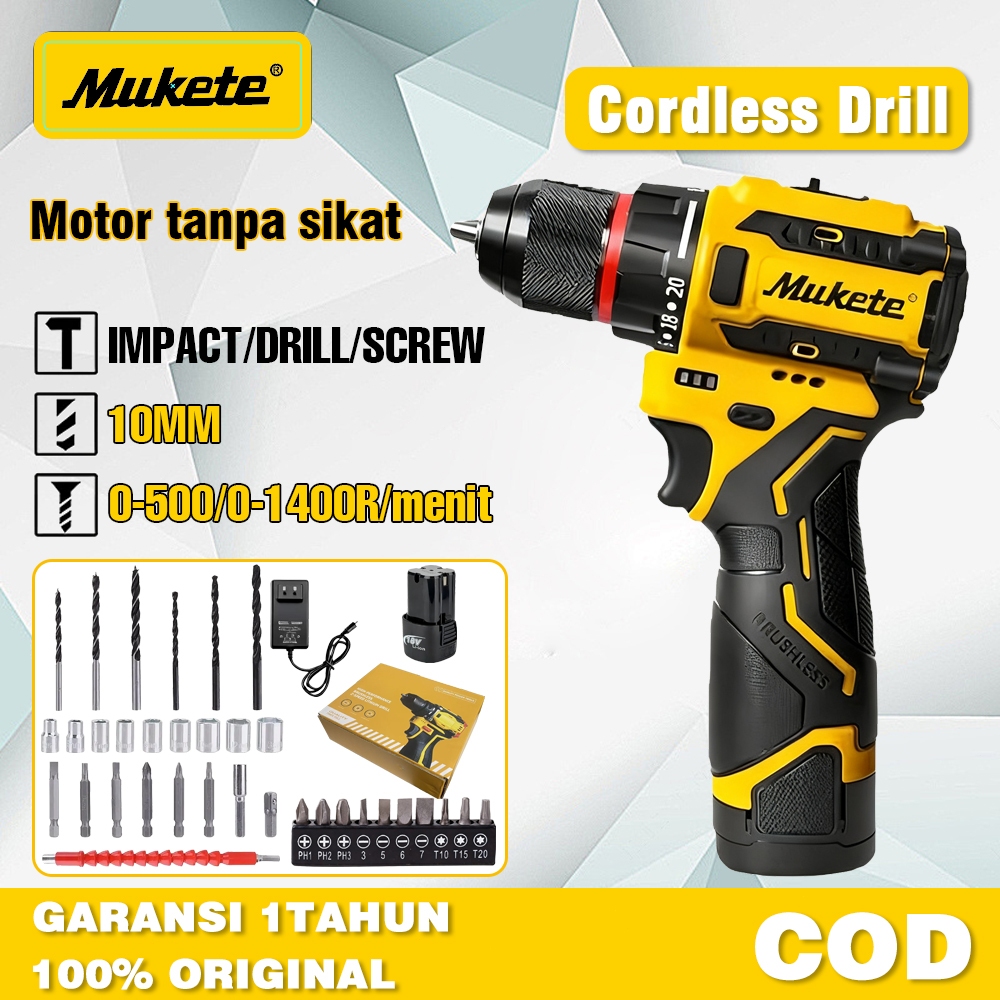 Mukete bor brushless 18V bor baterai 40N.m 0-500/0-1400r/menit bor cordless bor impact baterai