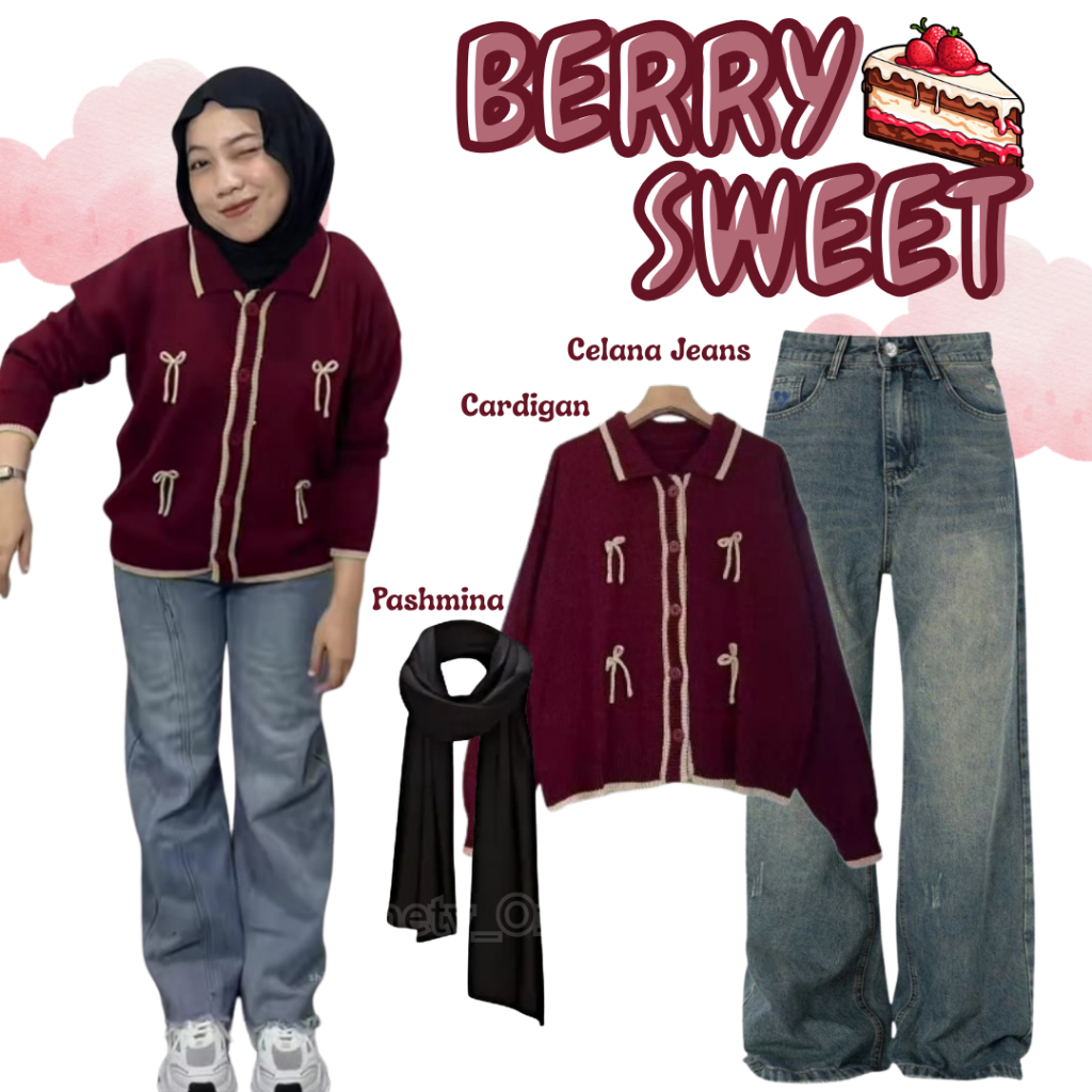One Set Korean Outfit OOTD Cewe Kekinian ( Cardigan + Celana Kulot Jeans + Pashmina ) Setelan 3 in 1