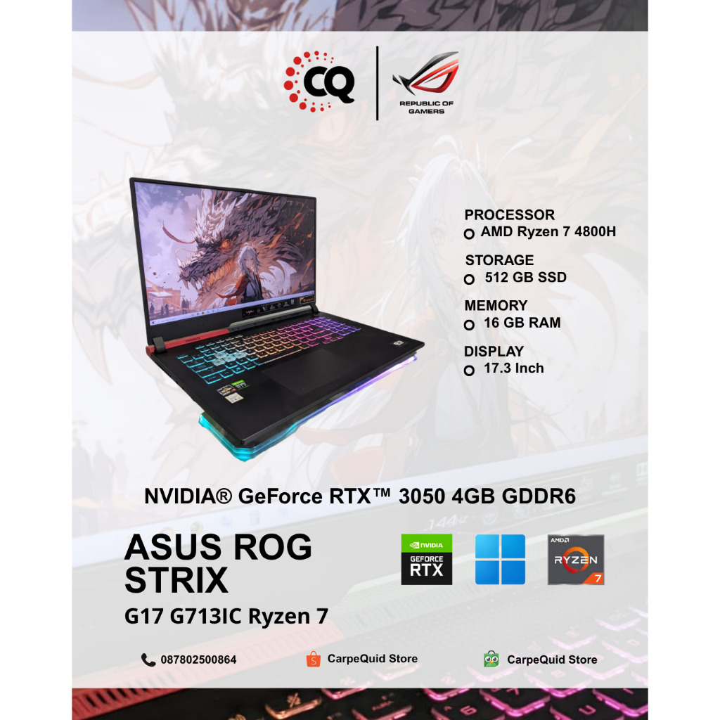 Asus ROG Strix G17 G713IC Ryzen 7 RTX 3050 | Gaming Desain Laptop