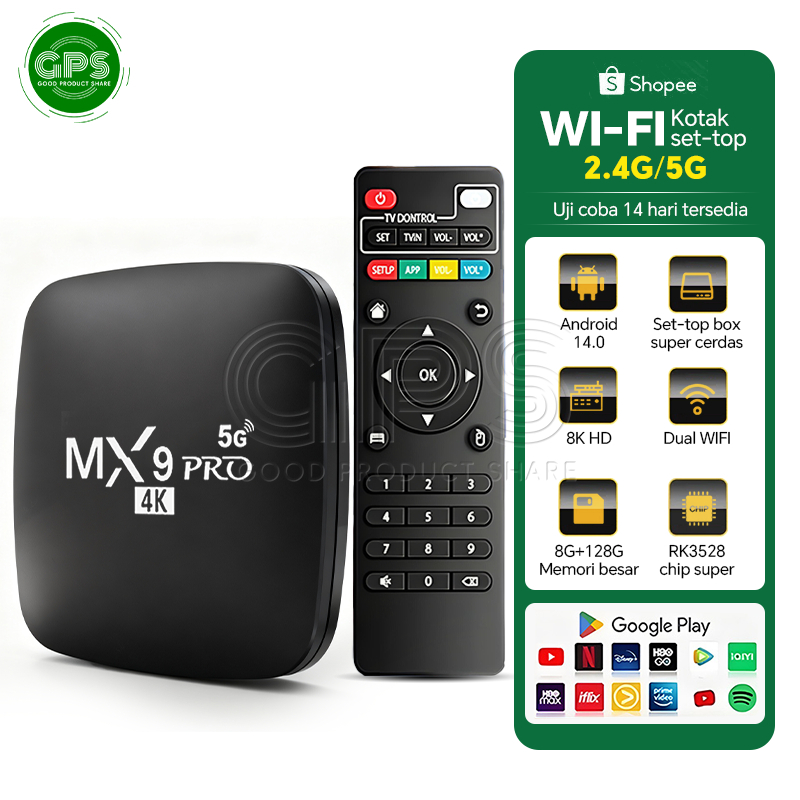 Set Top Box Dual Band 2.4G+5G Internet Smart TV Gratis 3000+ aplikasi  Wifi6 Ram 8GB Rom128GB Smart 