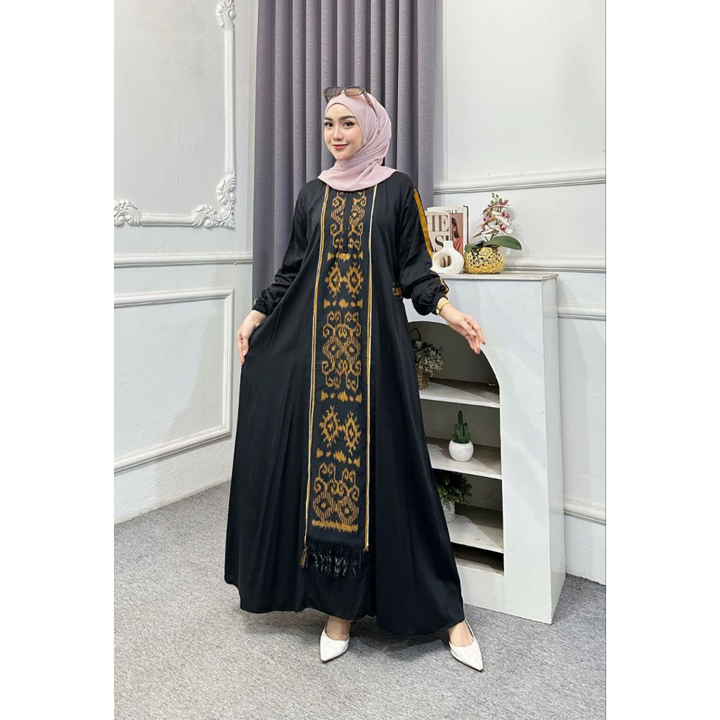Gamis Twill Import Premium Mix Tenun Ethnic Motif Pintu Aceh - Gamis Muslimah